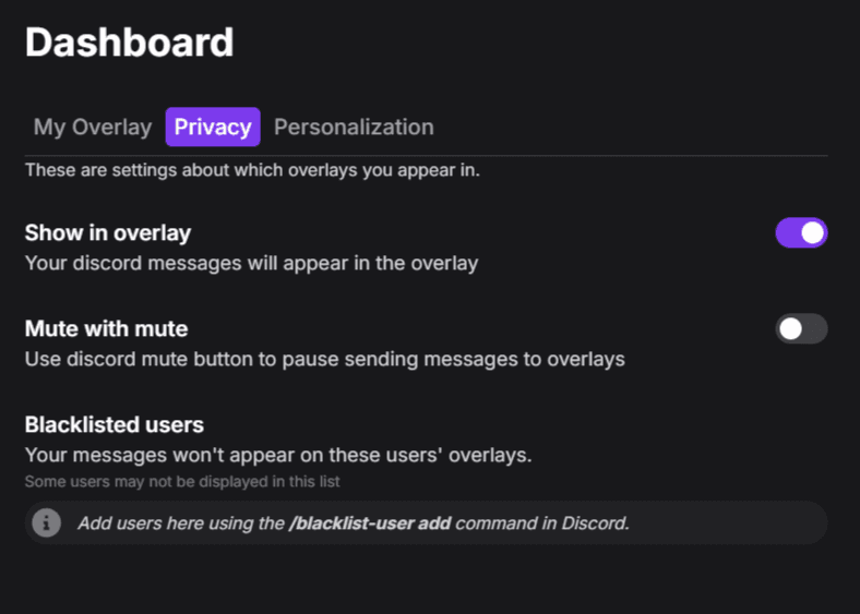 Screenshot of privacy tab in user dashboard page